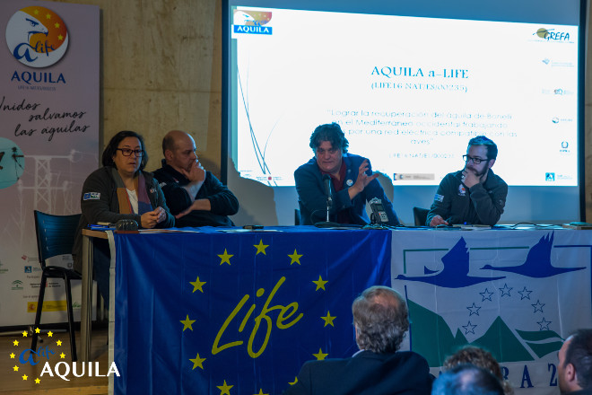 Mesa redonda con Carlota Viada, José Antonio Montero, Ernesto Álvarez y Manuel Galán, del proyecto AQUILA a-LIFE. Foto: Alberto Álvarez.