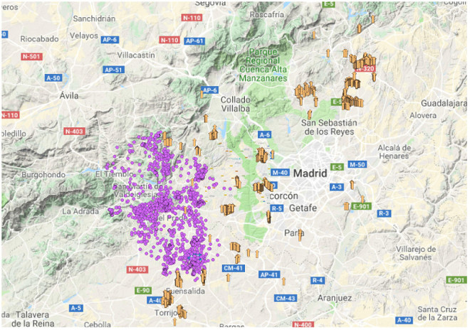 Apoyos electricos revisados en Madrid y Toledo (flechas verticales marrones) comparados con los movimientos del "Polopos" (círculos morados), una de las águilas de Bonelli seguidas por GPS por AQUILA a-LIFE.