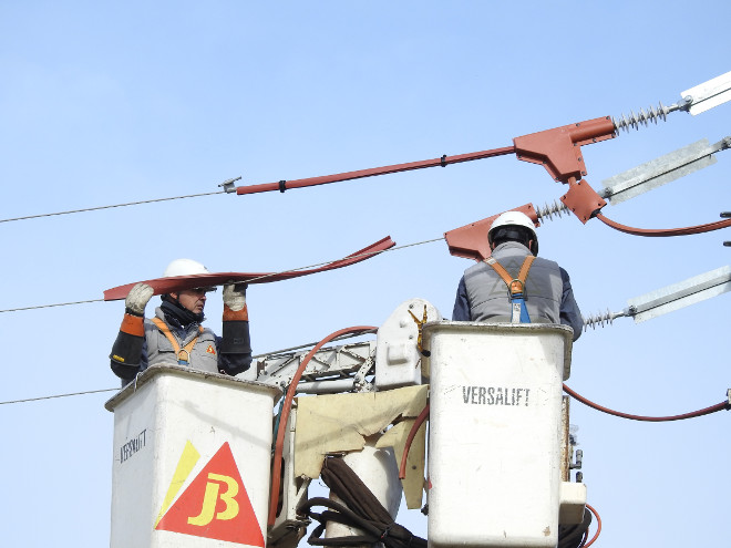 Dos técnicos aislan los puntos peligrosos en el apoyo donde se electrocutó el águila de Bonelli 