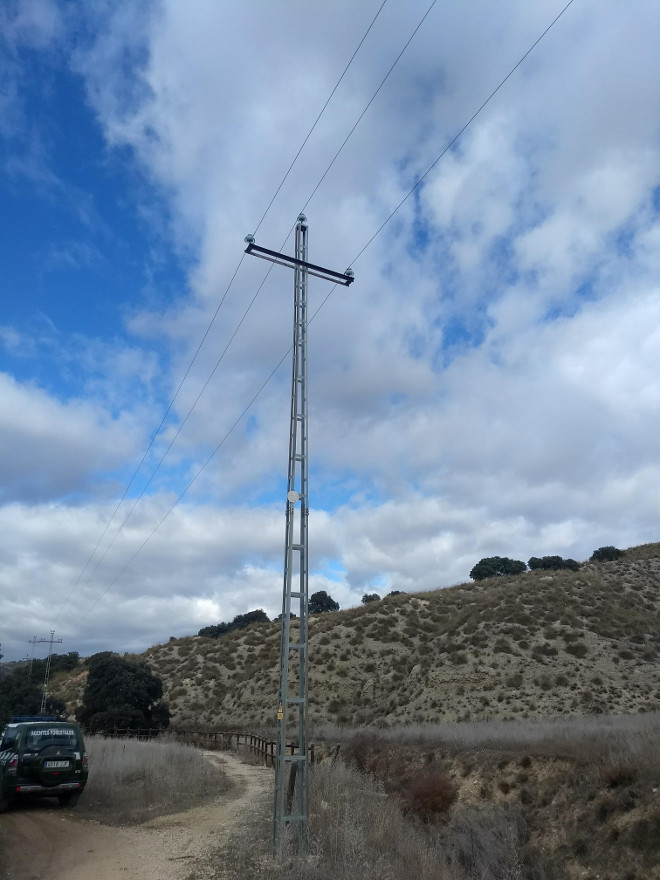 Tendido eléctrico de diseño peligroso para las aves localizado en Valdelaguna (Madrid) por el Equipo Tendidos de AQUILA a-LIFE y donde han muerto electrocutadas numerosas rapaces.