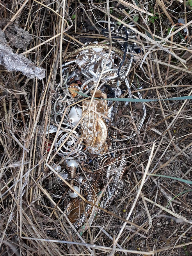 Curioso hallazgo de joyas al pie de una torreta eléctrica cuando buscábamos restos de rapaces electrocutadas.