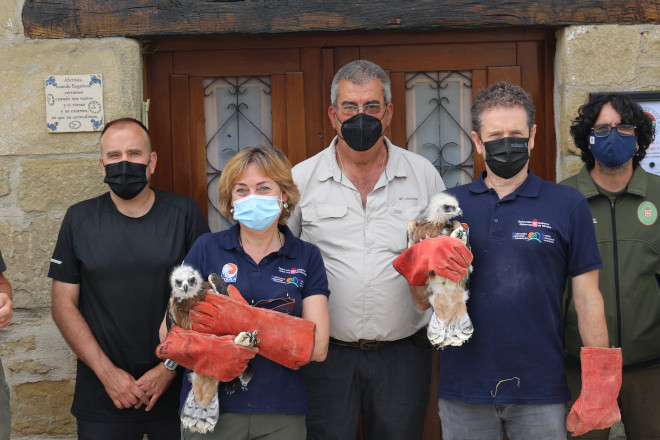 En la foto, Julia Palacios, técnica del Gobierno de Navarra, y Pablo Muñoz, Director General de Medio Ambiente de Navarra, con dos de los pollos de águila de Bonelli, junto a representantes de los cazadores, del ayuntamiento y de Basozainak-Guarderio de Medio Ambiente.