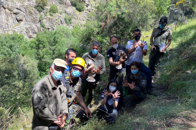 Equipo y colaboradores de AQUILA a-LIFE hacen el gesto de la mariposa mientras sujetan a dos pollos de águila de Bonelli nacidos en la Comunidad de Madrid, para su marcaje con GPS.